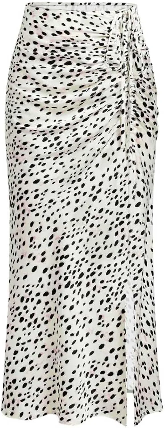 Relipop Women's Floral Boho Midi Skirt with Slit High Waisted Elastic Ruched Skirts Summer Sexy Leopard Print Skirt