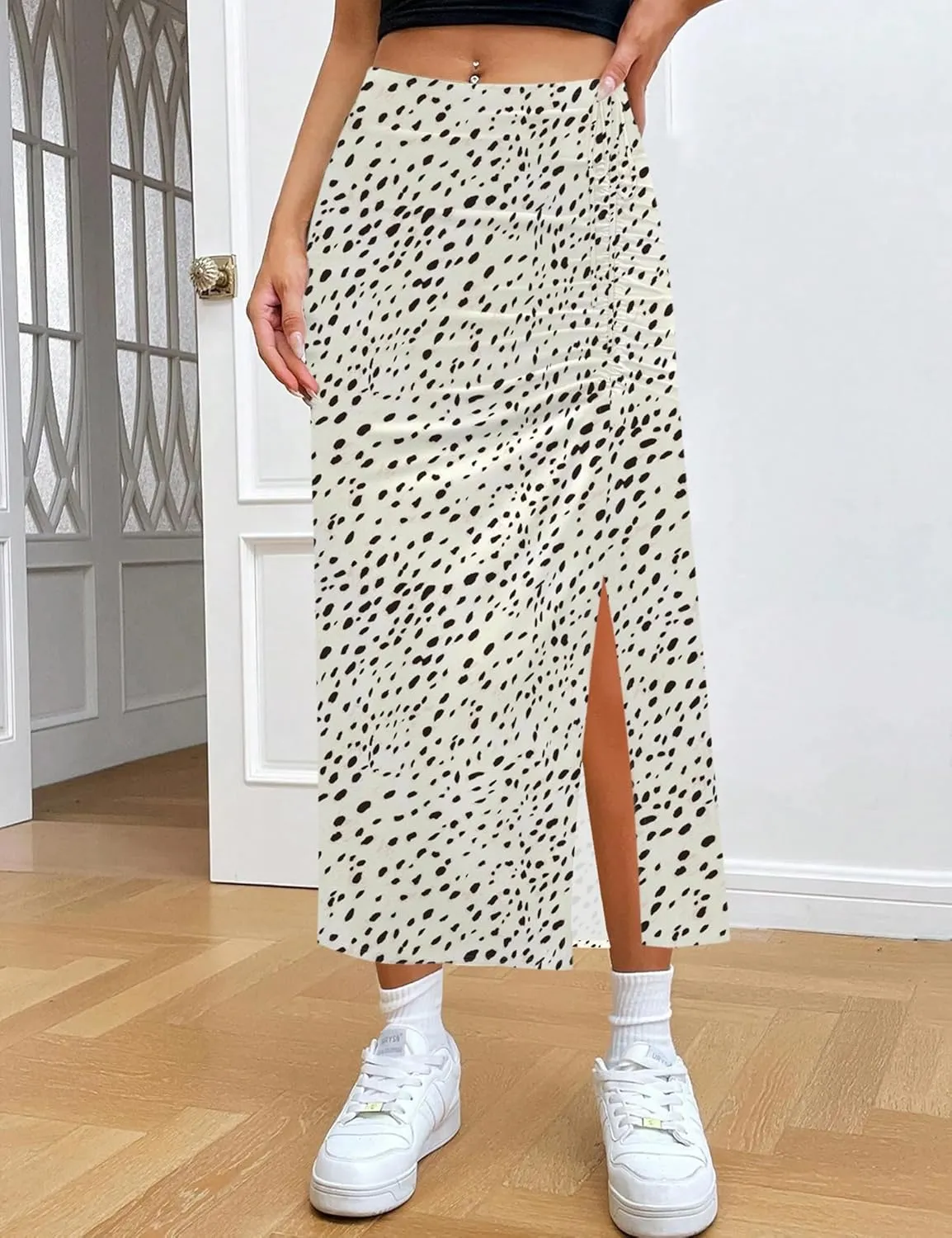 Relipop Women's Floral Boho Midi Skirt with Slit High Waisted Elastic Ruched Skirts Summer Sexy Leopard Print Skirt