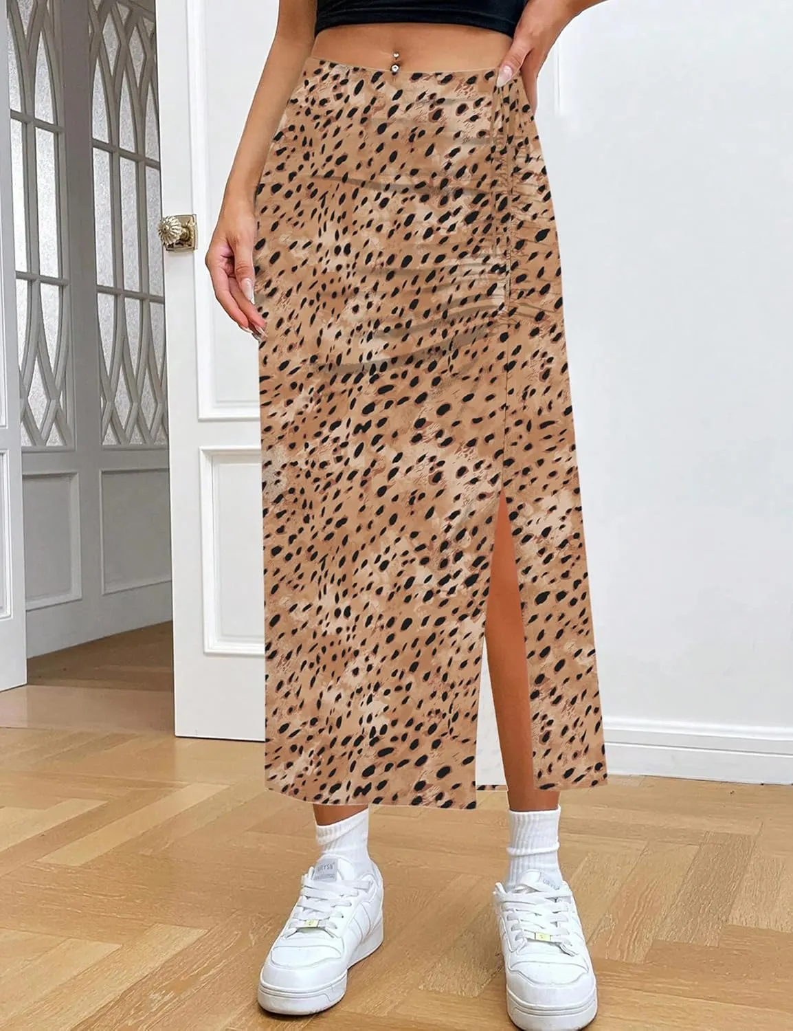 Relipop Women's Floral Boho Midi Skirt with Slit High Waisted Elastic Ruched Skirts Summer Sexy Leopard Print Skirt