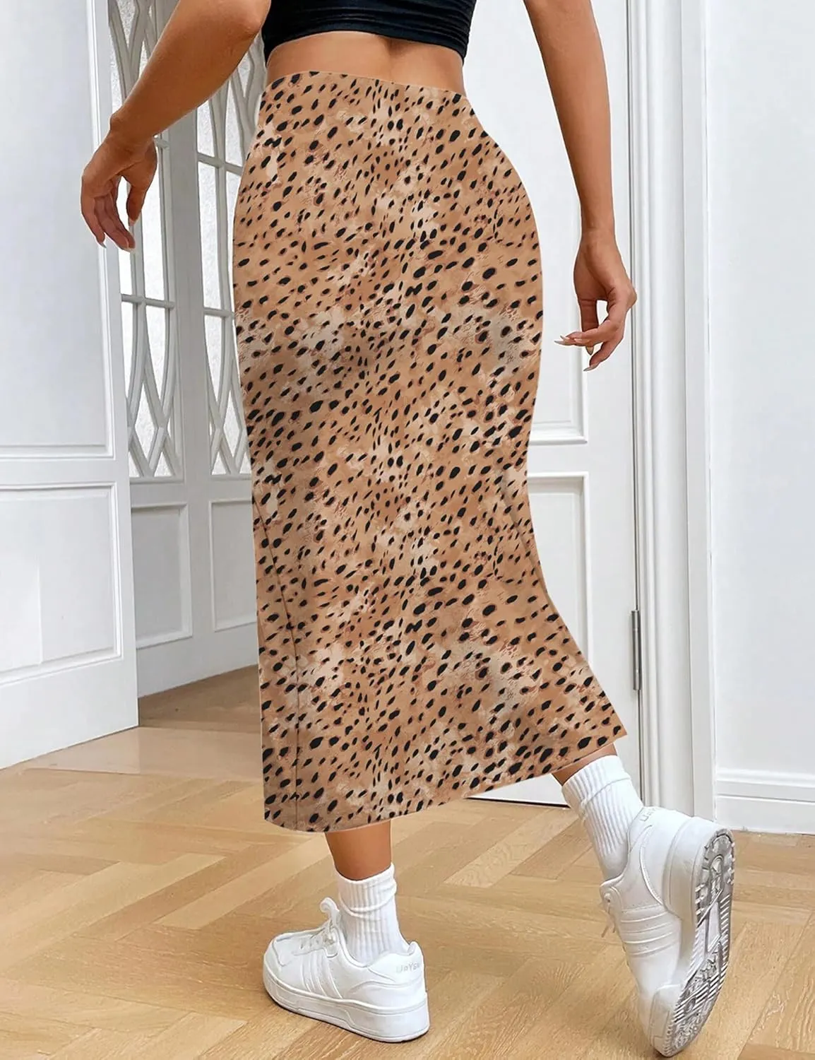 Relipop Women's Floral Boho Midi Skirt with Slit High Waisted Elastic Ruched Skirts Summer Sexy Leopard Print Skirt
