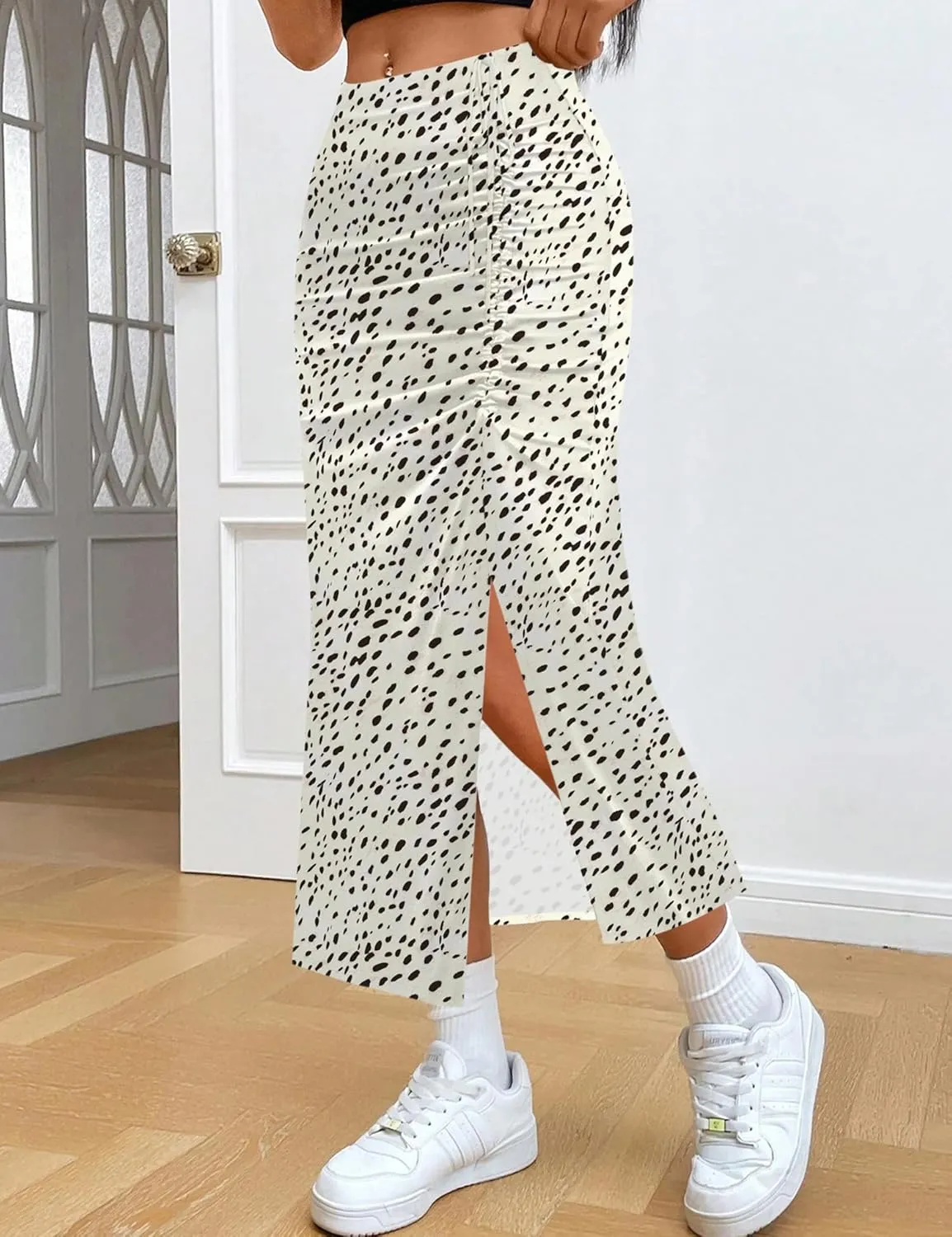 Relipop Women's Floral Boho Midi Skirt with Slit High Waisted Elastic Ruched Skirts Summer Sexy Leopard Print Skirt