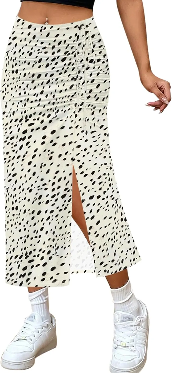 Relipop Women's Floral Boho Midi Skirt with Slit High Waisted Elastic Ruched Skirts Summer Sexy Leopard Print Skirt