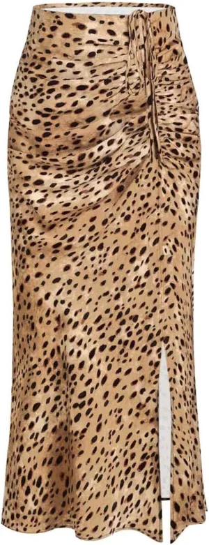 Relipop Women's Floral Boho Midi Skirt with Slit High Waisted Elastic Ruched Skirts Summer Sexy Leopard Print Skirt