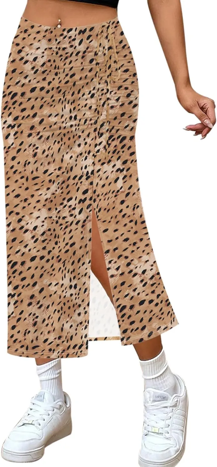 Relipop Women's Floral Boho Midi Skirt with Slit High Waisted Elastic Ruched Skirts Summer Sexy Leopard Print Skirt