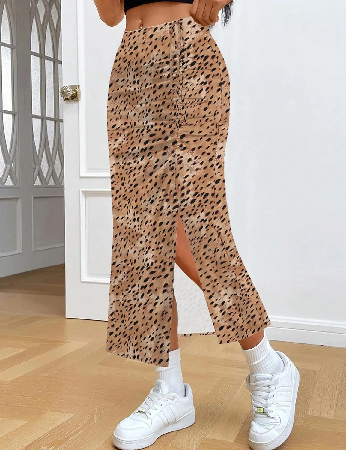 Relipop Women's Floral Boho Midi Skirt with Slit High Waisted Elastic Ruched Skirts Summer Sexy Leopard Print Skirt