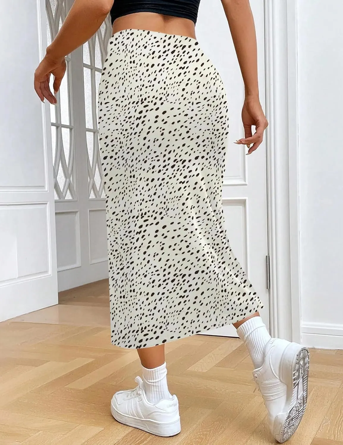 Relipop Women's Floral Boho Midi Skirt with Slit High Waisted Elastic Ruched Skirts Summer Sexy Leopard Print Skirt