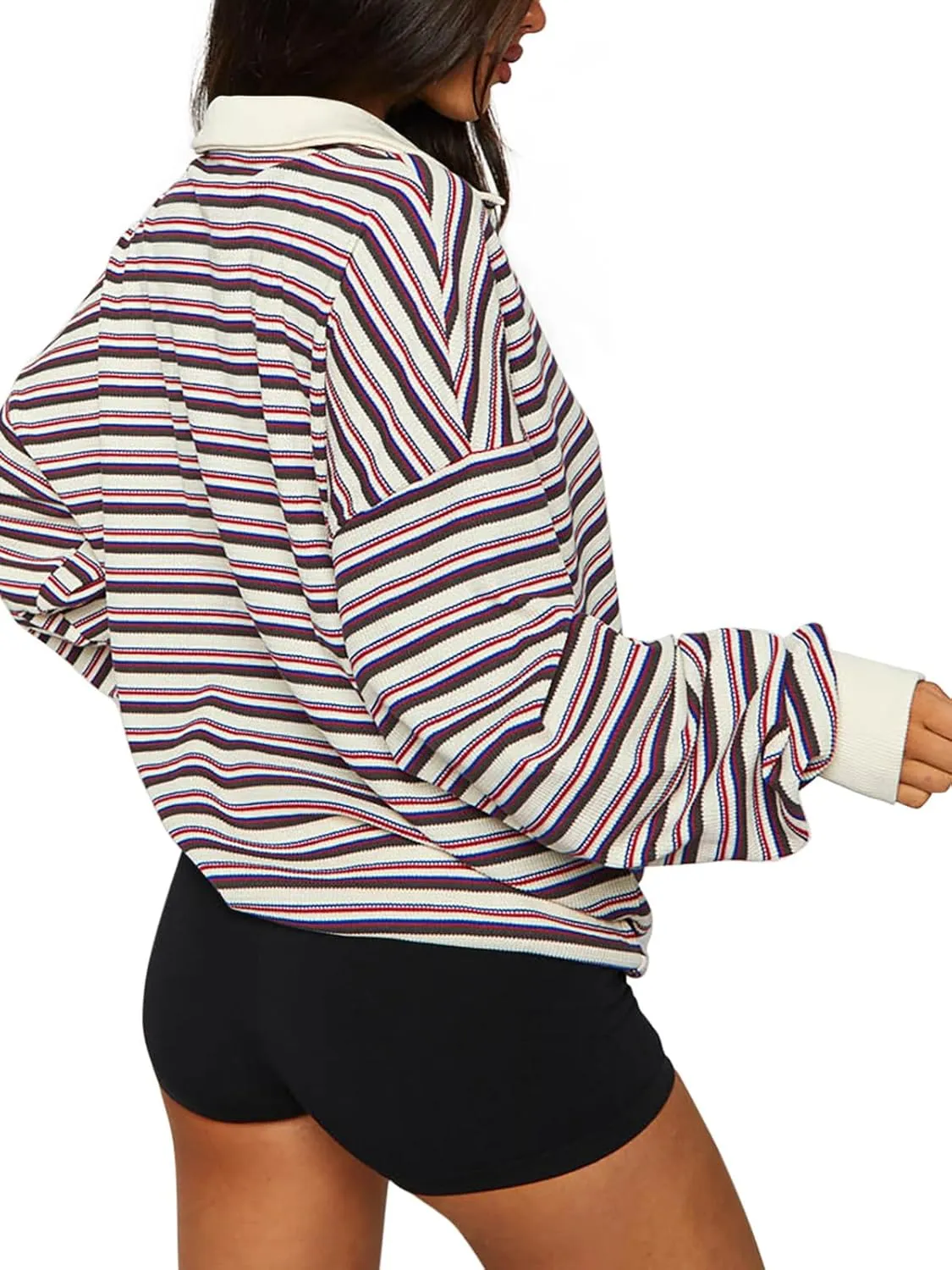 REORIA Oversized Sweatshirt for Women Trendy Fall Fashion 2025 Y2k Striped Long Sleeve Pullover Rugby Shirt Tops Clothes