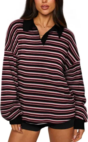 REORIA Oversized Sweatshirt for Women Trendy Fall Fashion 2025 Y2k Striped Long Sleeve Pullover Rugby Shirt Tops Clothes