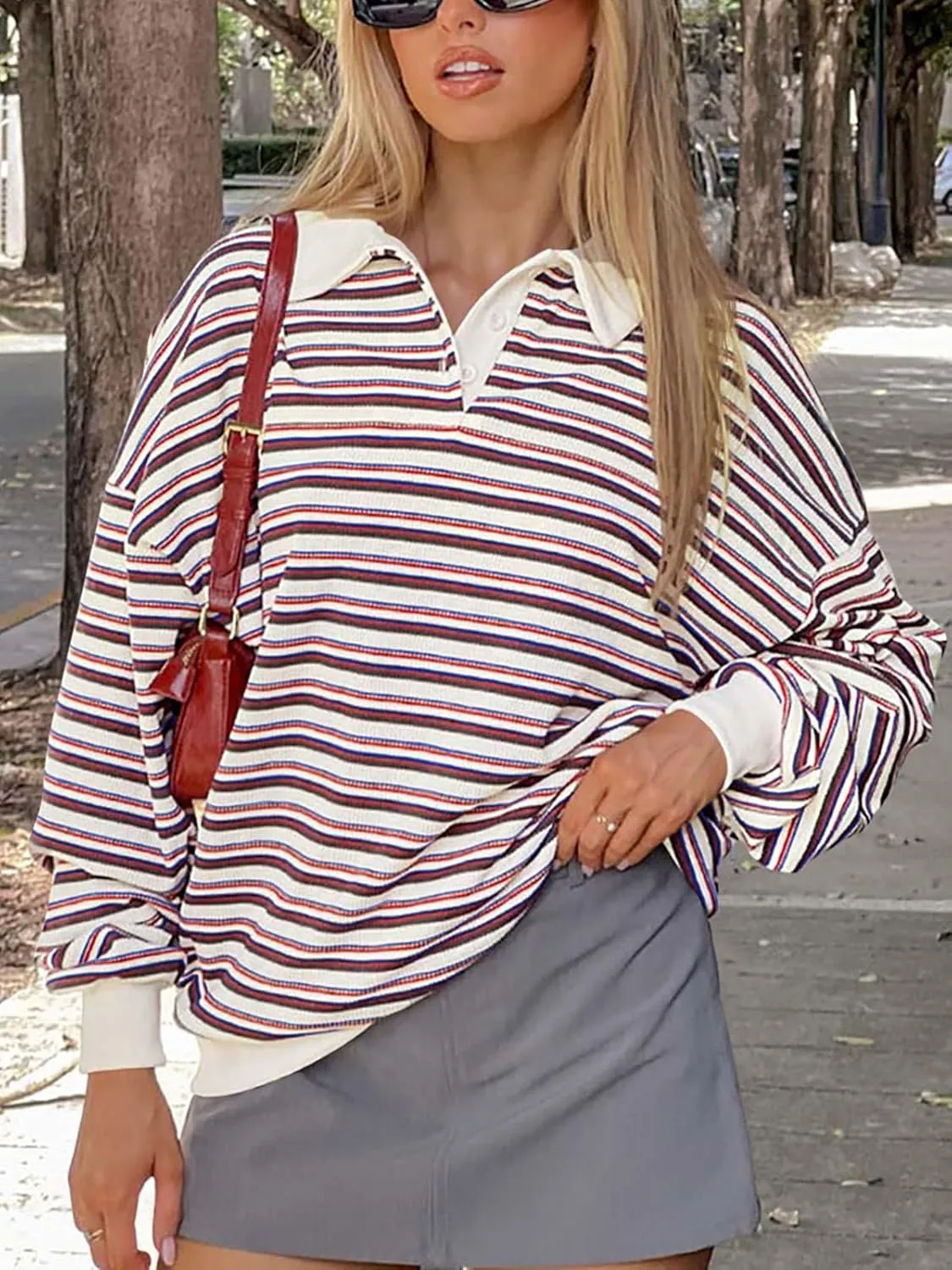 REORIA Oversized Sweatshirt for Women Trendy Fall Fashion 2025 Y2k Striped Long Sleeve Pullover Rugby Shirt Tops Clothes