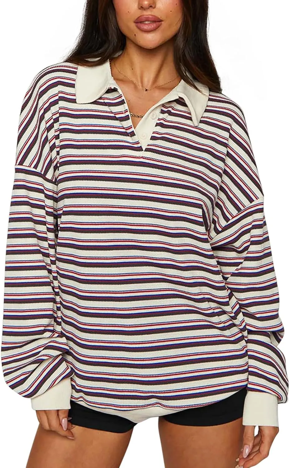 REORIA Oversized Sweatshirt for Women Trendy Fall Fashion 2025 Y2k Striped Long Sleeve Pullover Rugby Shirt Tops Clothes