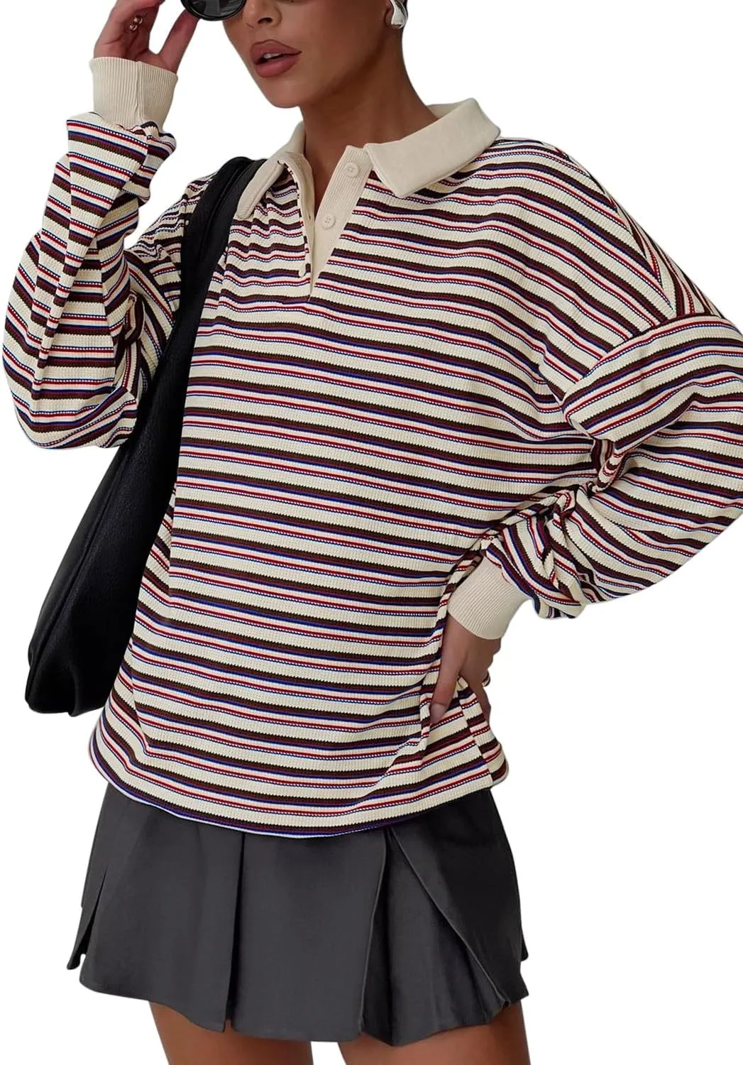 REORIA Oversized Sweatshirt for Women Trendy Fall Fashion 2025 Y2k Striped Long Sleeve Pullover Rugby Shirt Tops Clothes