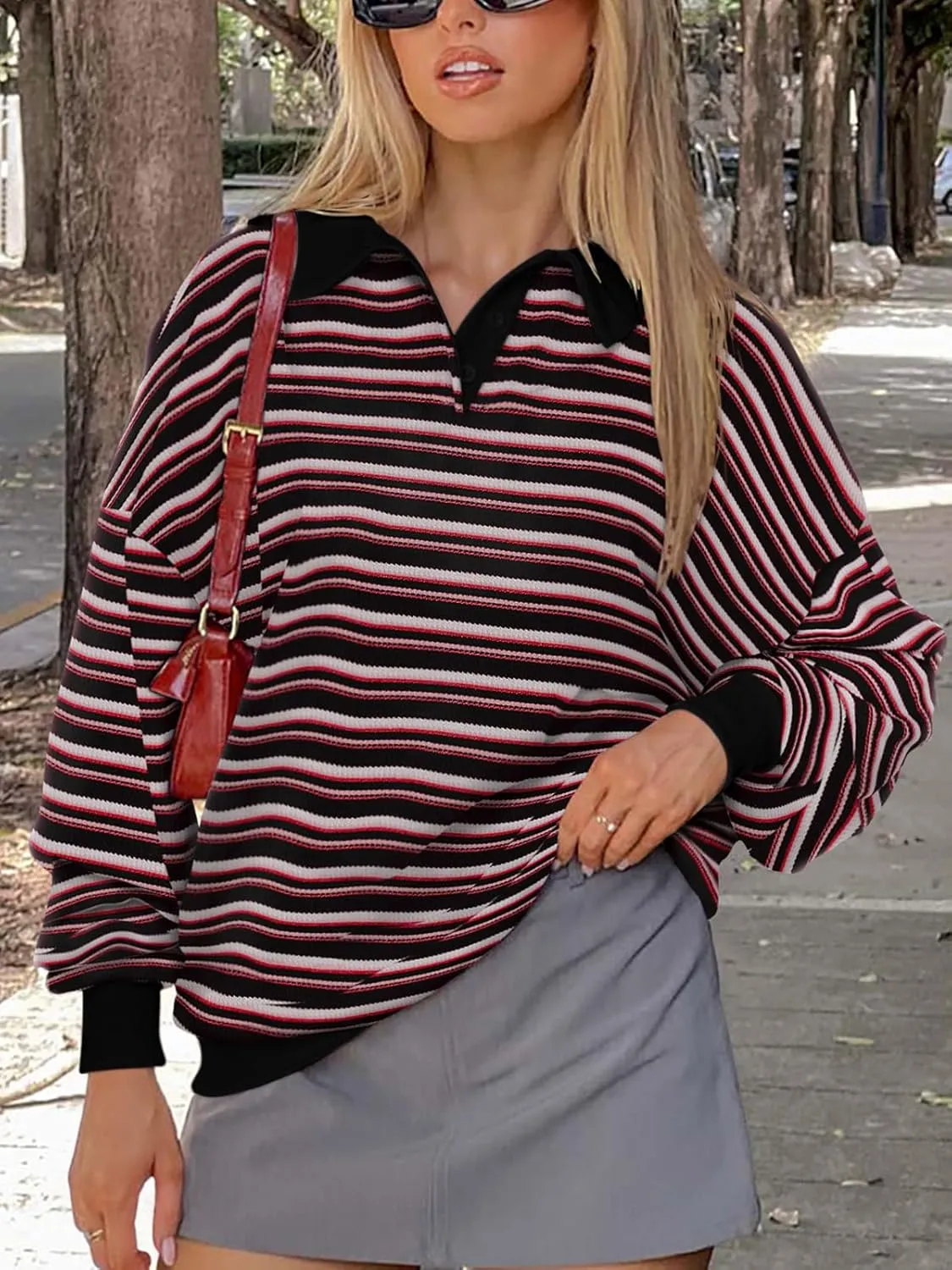 REORIA Oversized Sweatshirt for Women Trendy Fall Fashion 2025 Y2k Striped Long Sleeve Pullover Rugby Shirt Tops Clothes