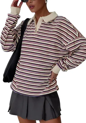REORIA Oversized Sweatshirt for Women Trendy Fall Fashion 2025 Y2k Striped Long Sleeve Pullover Rugby Shirt Tops Clothes