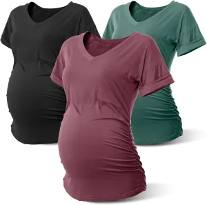 Rnxrbb Long Enough Maternity Shirts Short Sleeve Summer Pregnancy Tops& Tees Clothes V Neck Casual Outfits for Women 3 Pack