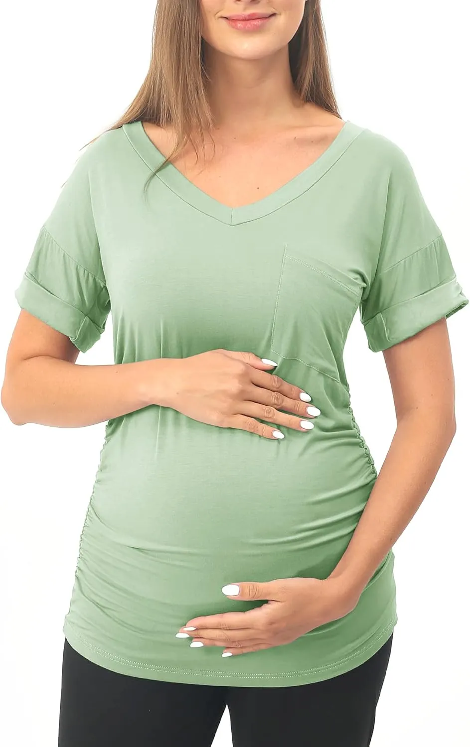 Rnxrbb Long Enough Maternity Shirts Short Sleeve Summer Pregnancy Tops& Tees Clothes V Neck Casual Outfits for Women 3 Pack