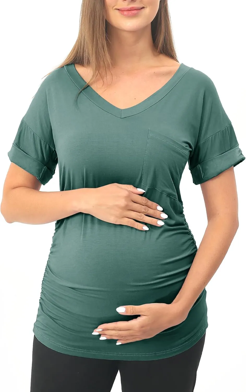 Rnxrbb Long Enough Maternity Shirts Short Sleeve Summer Pregnancy Tops& Tees Clothes V Neck Casual Outfits for Women 3 Pack