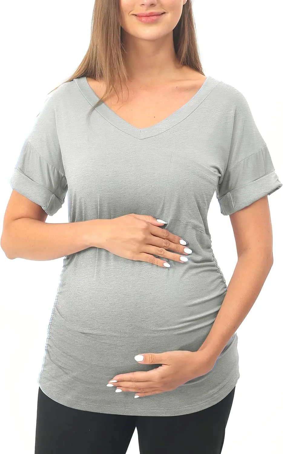 Rnxrbb Long Enough Maternity Shirts Short Sleeve Summer Pregnancy Tops& Tees Clothes V Neck Casual Outfits for Women 3 Pack