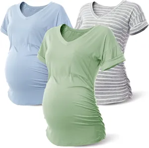 Rnxrbb Long Enough Maternity Shirts Short Sleeve Summer Pregnancy Tops& Tees Clothes V Neck Casual Outfits for Women 3 Pack