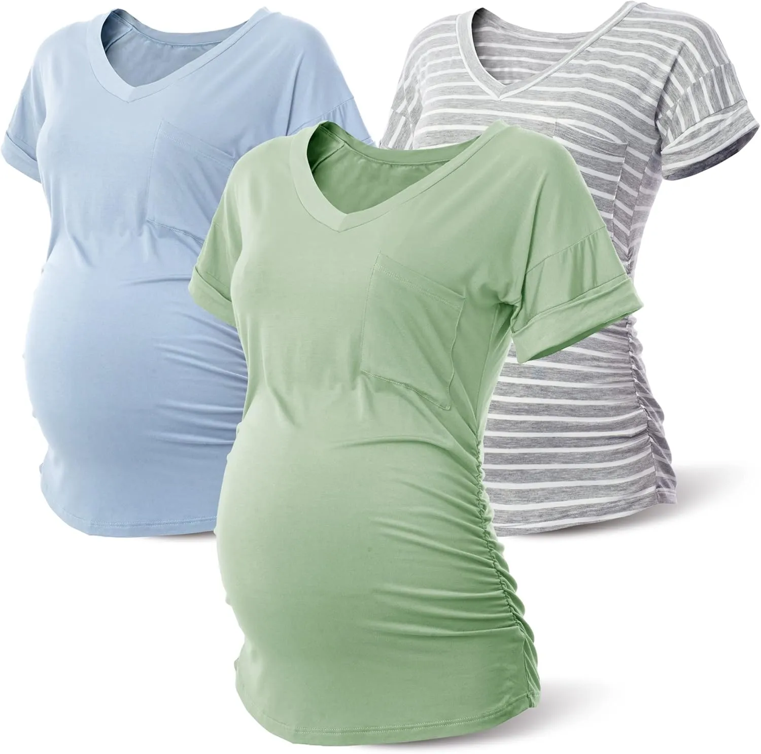 Rnxrbb Long Enough Maternity Shirts Short Sleeve Summer Pregnancy Tops& Tees Clothes V Neck Casual Outfits for Women 3 Pack