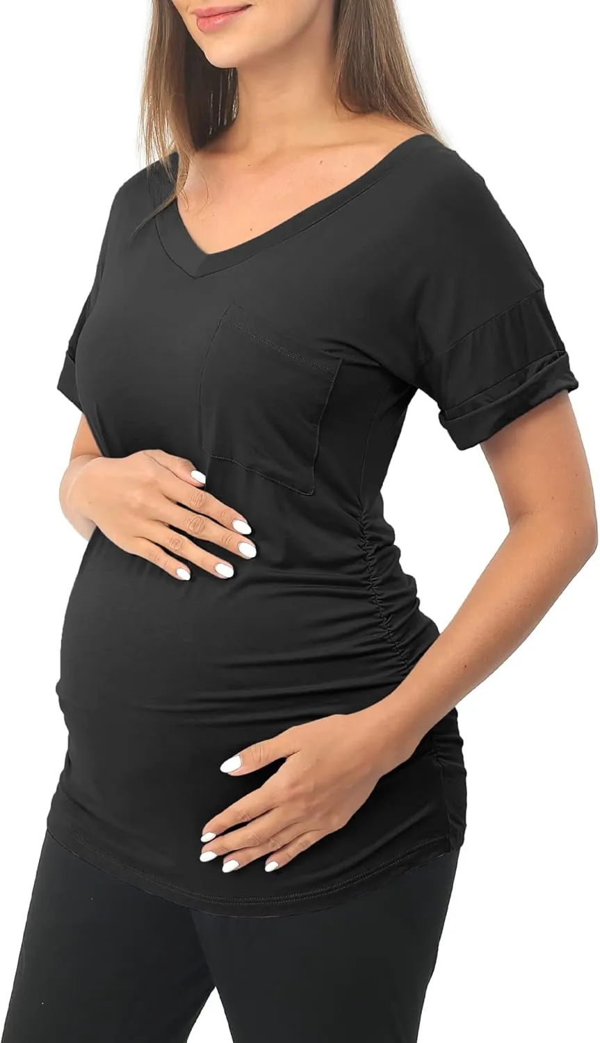 Rnxrbb Long Enough Maternity Shirts Short Sleeve Summer Pregnancy Tops& Tees Clothes V Neck Casual Outfits for Women 3 Pack