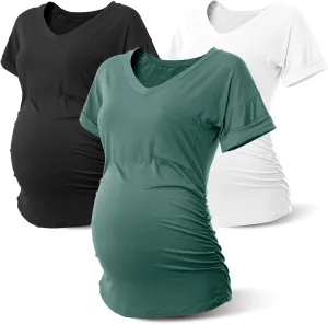 Rnxrbb Long Enough Maternity Shirts Short Sleeve Summer Pregnancy Tops& Tees Clothes V Neck Casual Outfits for Women 3 Pack