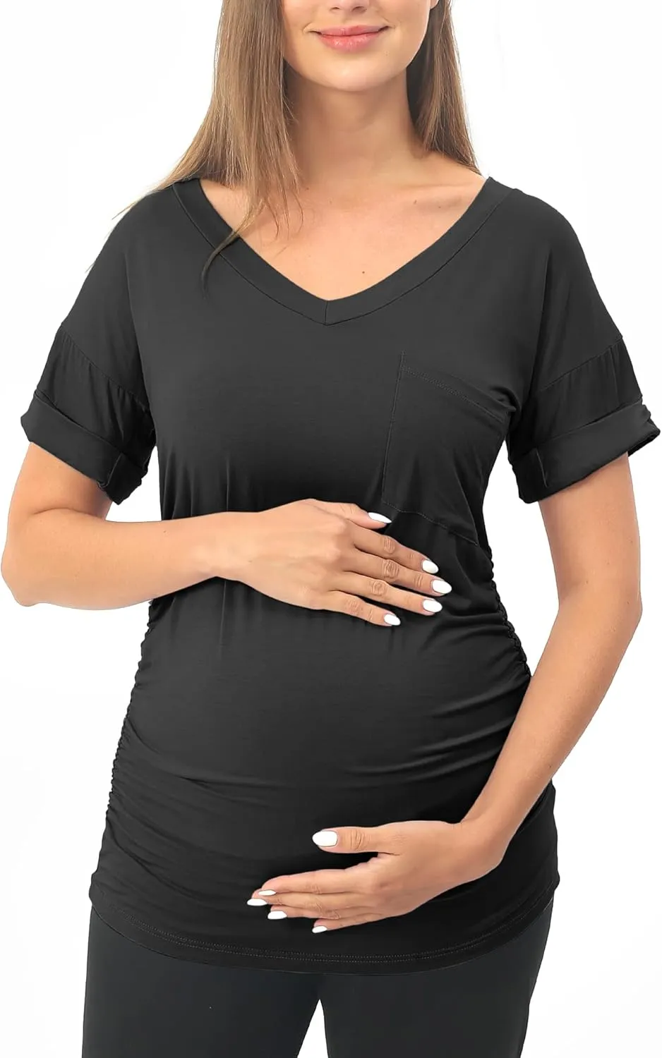 Rnxrbb Long Enough Maternity Shirts Short Sleeve Summer Pregnancy Tops& Tees Clothes V Neck Casual Outfits for Women 3 Pack