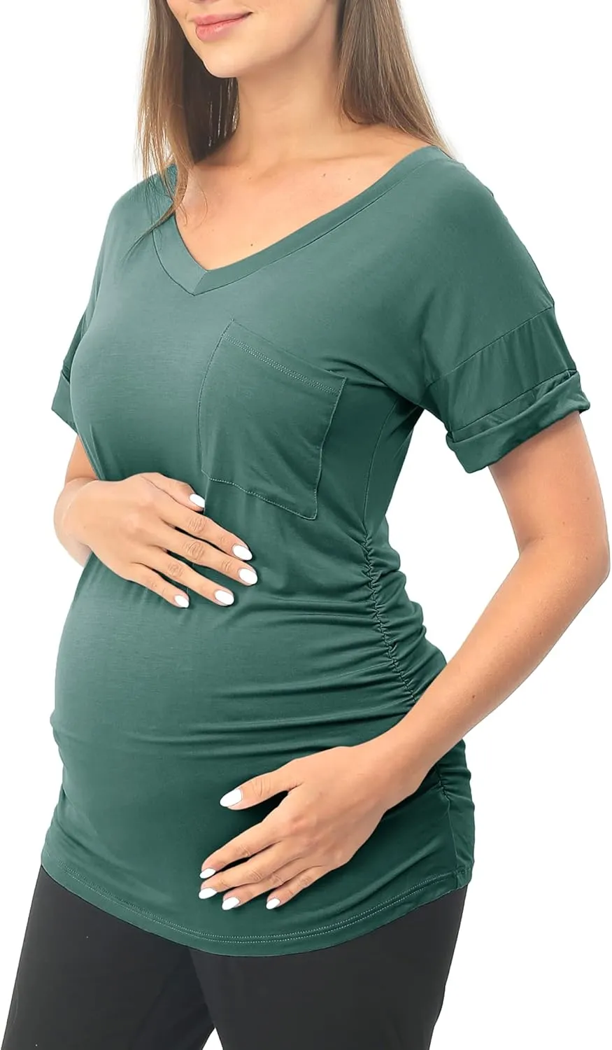 Rnxrbb Long Enough Maternity Shirts Short Sleeve Summer Pregnancy Tops& Tees Clothes V Neck Casual Outfits for Women 3 Pack