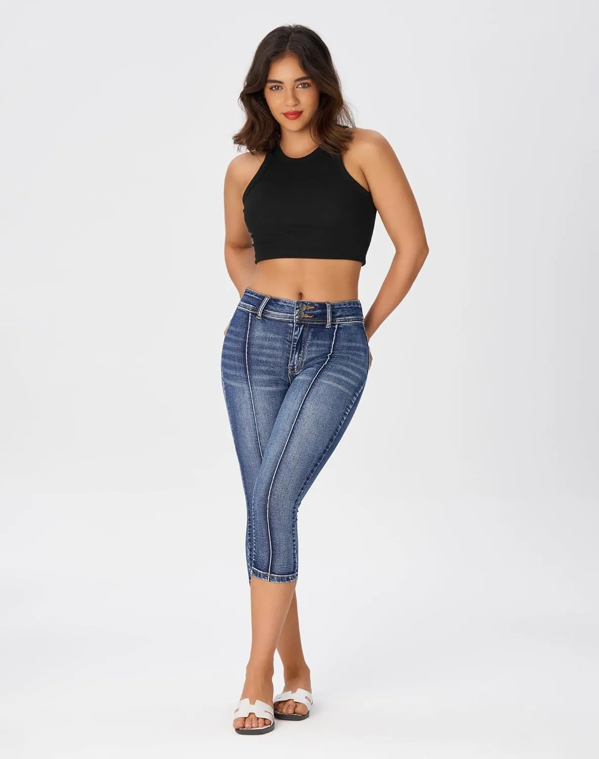 roswear Womens Capri Pants Trendy Mid Rise Skinny Stretchy Front Seam Denim Jeans