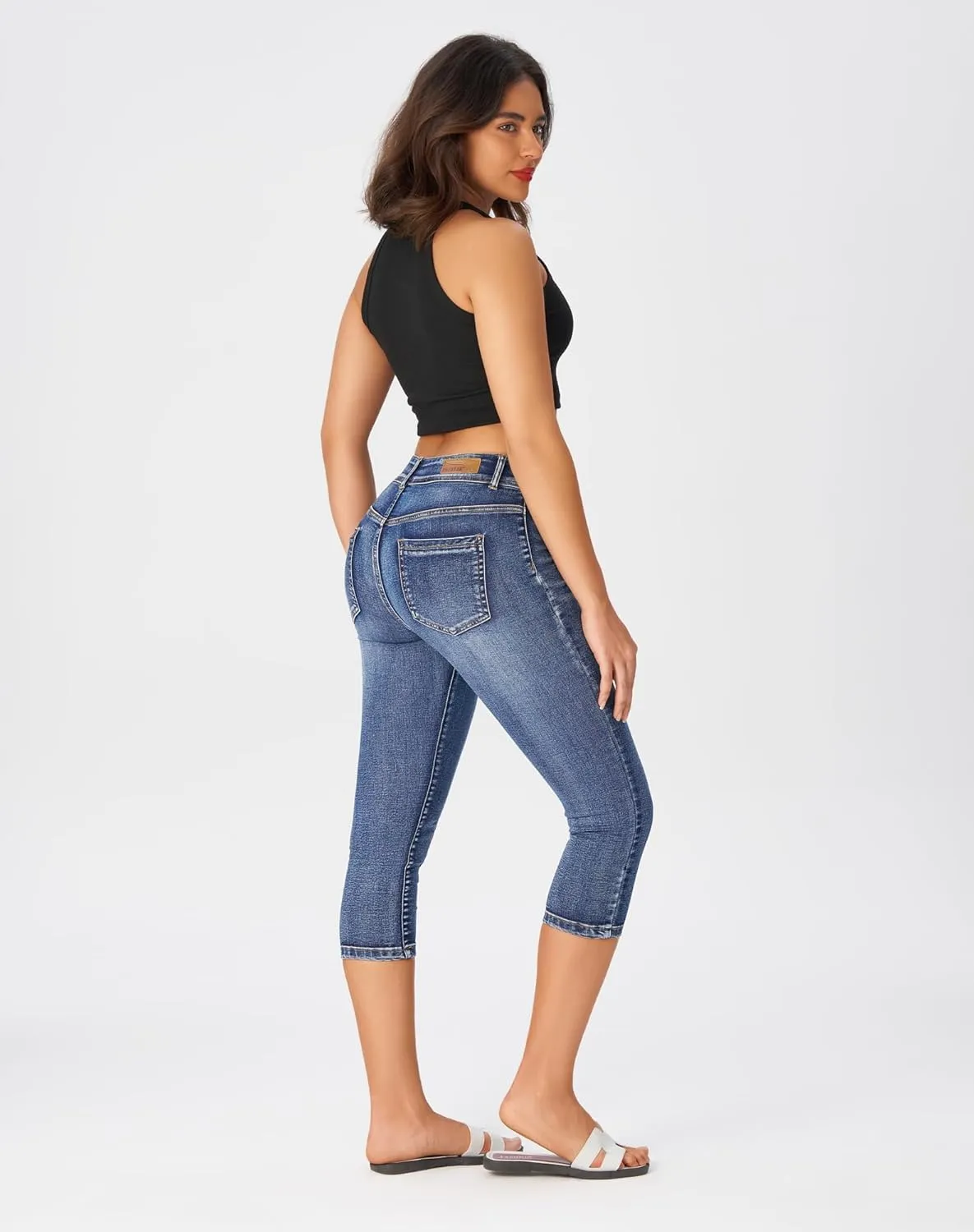 roswear Womens Capri Pants Trendy Mid Rise Skinny Stretchy Front Seam Denim Jeans