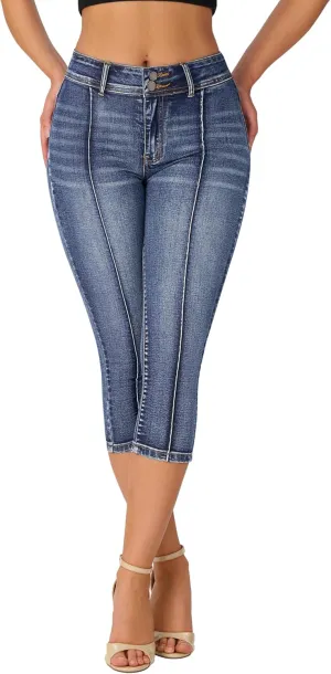 roswear Womens Capri Pants Trendy Mid Rise Skinny Stretchy Front Seam Denim Jeans