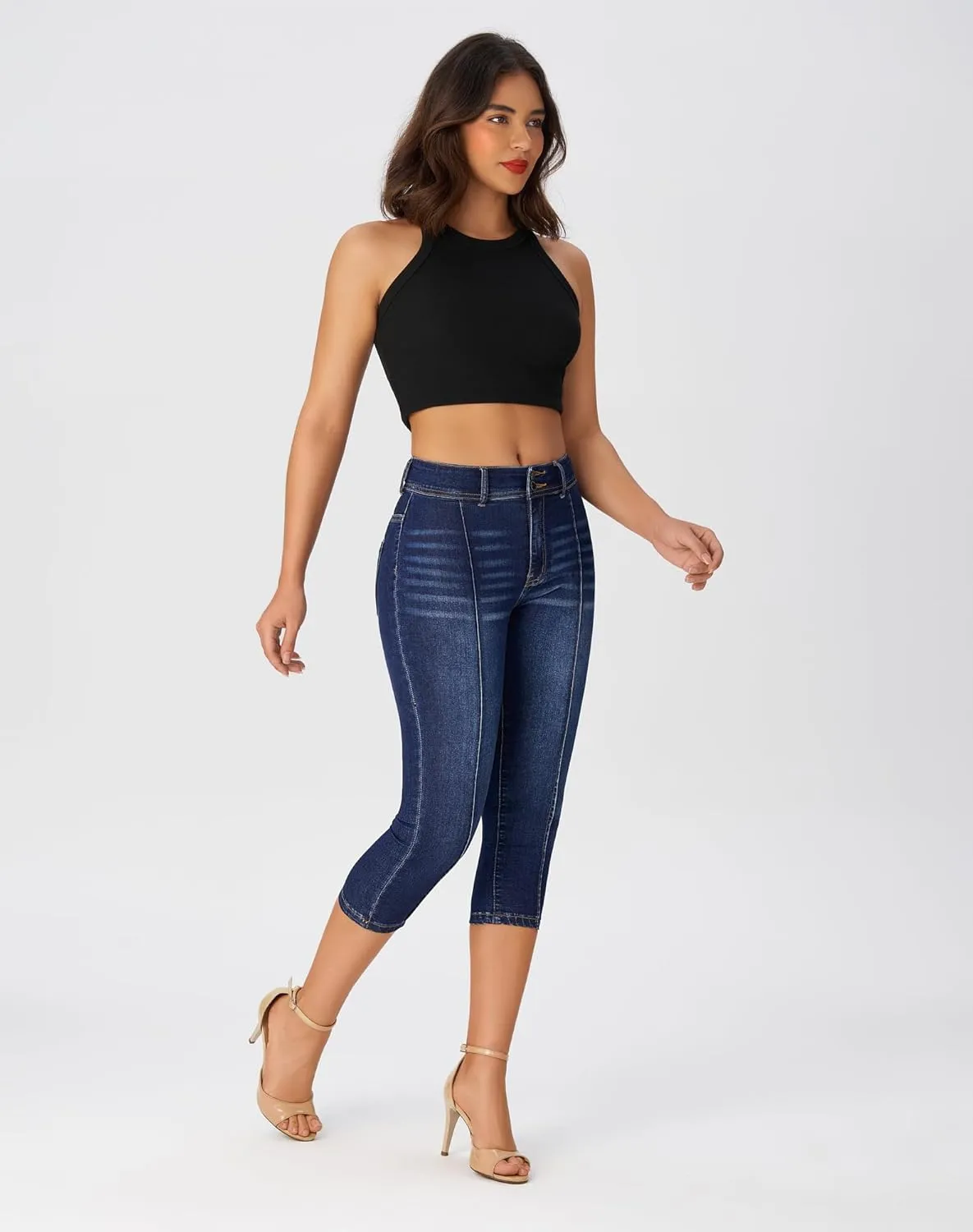 roswear Womens Capri Pants Trendy Mid Rise Skinny Stretchy Front Seam Denim Jeans