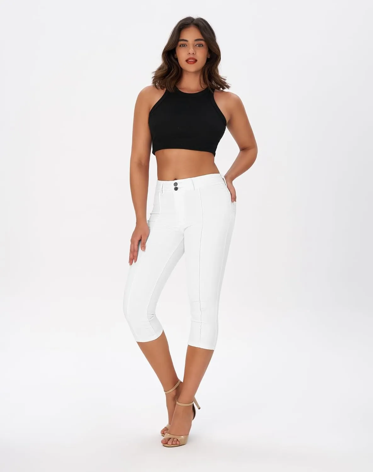 roswear Womens Capri Pants Trendy Mid Rise Skinny Stretchy Front Seam Denim Jeans