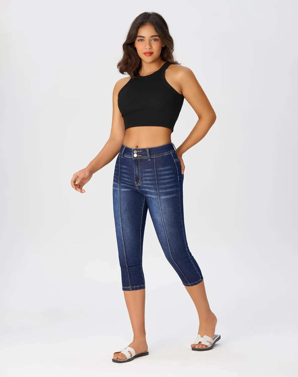 roswear Womens Capri Pants Trendy Mid Rise Skinny Stretchy Front Seam Denim Jeans