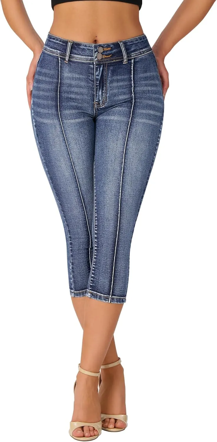 roswear Womens Capri Pants Trendy Mid Rise Skinny Stretchy Front Seam Denim Jeans