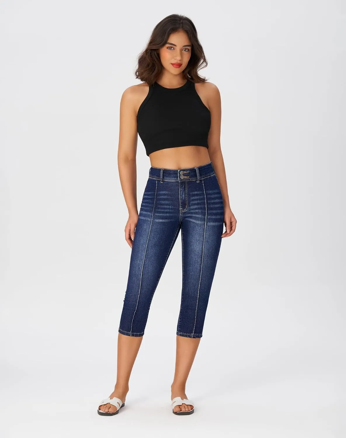 roswear Womens Capri Pants Trendy Mid Rise Skinny Stretchy Front Seam Denim Jeans