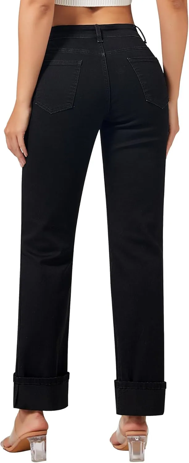 roswear Womens Straight Leg Jeans High Waisted Boyfriend Stretchy Cuffed Denim Pants