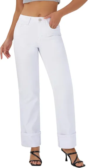 roswear Womens Straight Leg Jeans High Waisted Boyfriend Stretchy Cuffed Denim Pants