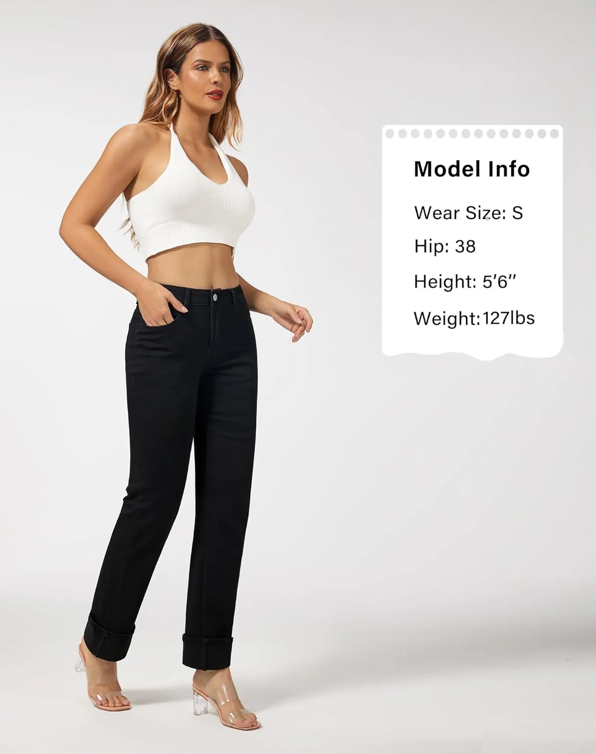 roswear Womens Straight Leg Jeans High Waisted Boyfriend Stretchy Cuffed Denim Pants