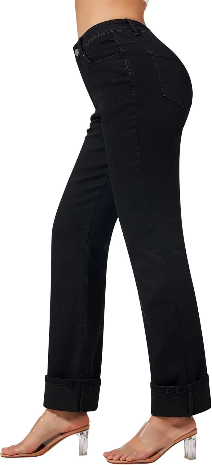 roswear Womens Straight Leg Jeans High Waisted Boyfriend Stretchy Cuffed Denim Pants