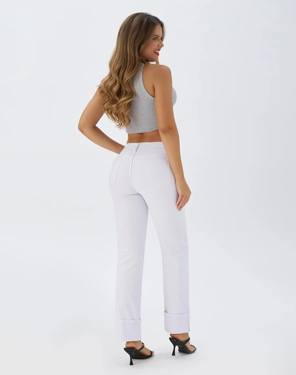 roswear Womens Straight Leg Jeans High Waisted Boyfriend Stretchy Cuffed Denim Pants