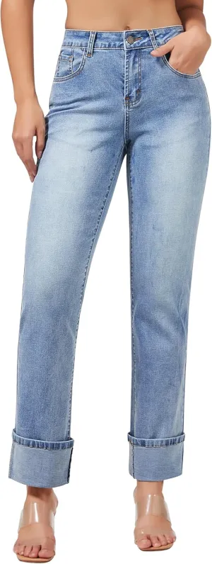 roswear Womens Straight Leg Jeans High Waisted Boyfriend Stretchy Cuffed Denim Pants