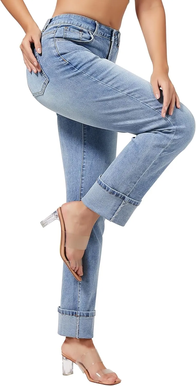 roswear Womens Straight Leg Jeans High Waisted Boyfriend Stretchy Cuffed Denim Pants