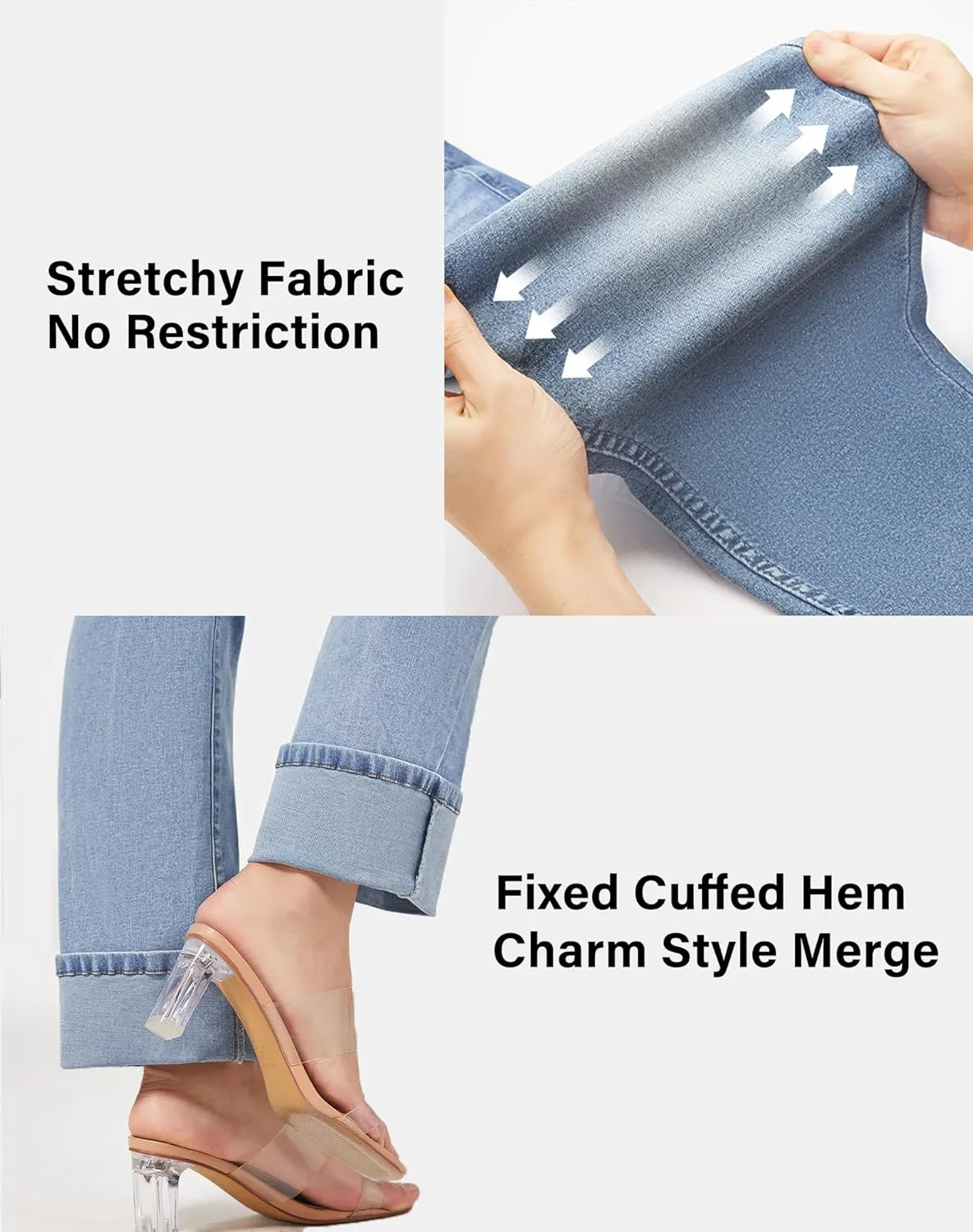 roswear Womens Straight Leg Jeans High Waisted Boyfriend Stretchy Cuffed Denim Pants