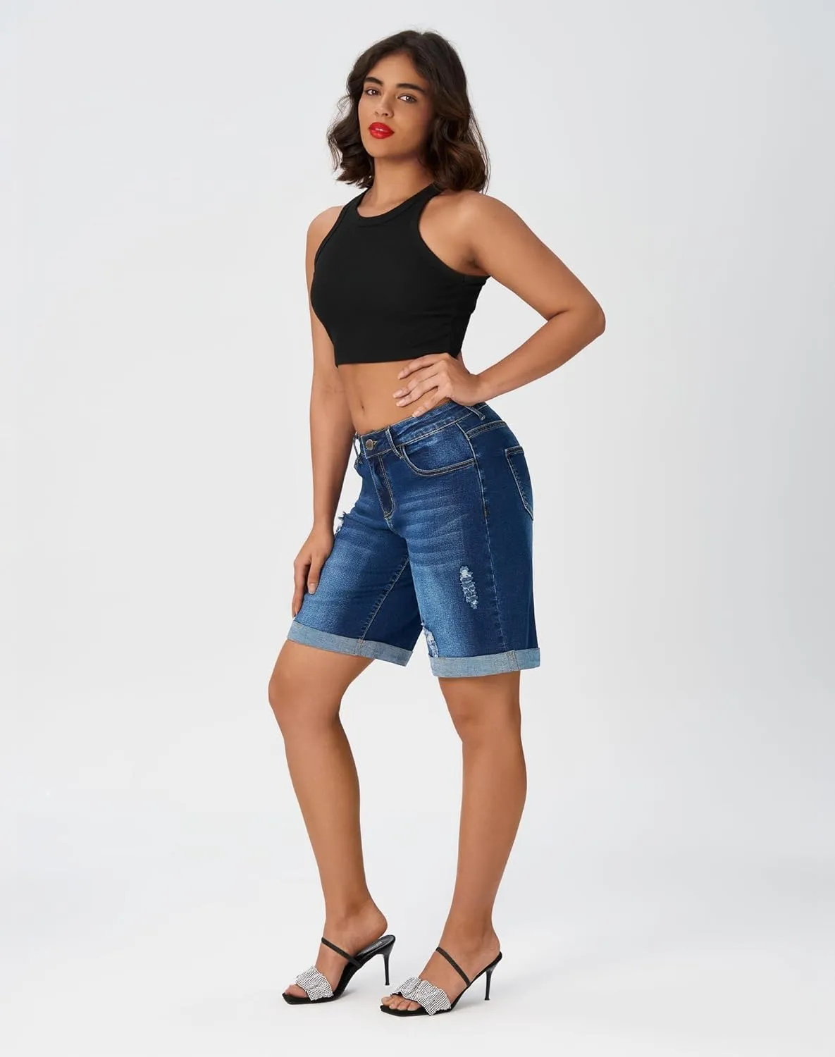 roswear Womens Wide Leg High Waisted Stretchy Ripped Cuffed Denim Jeans Shorts