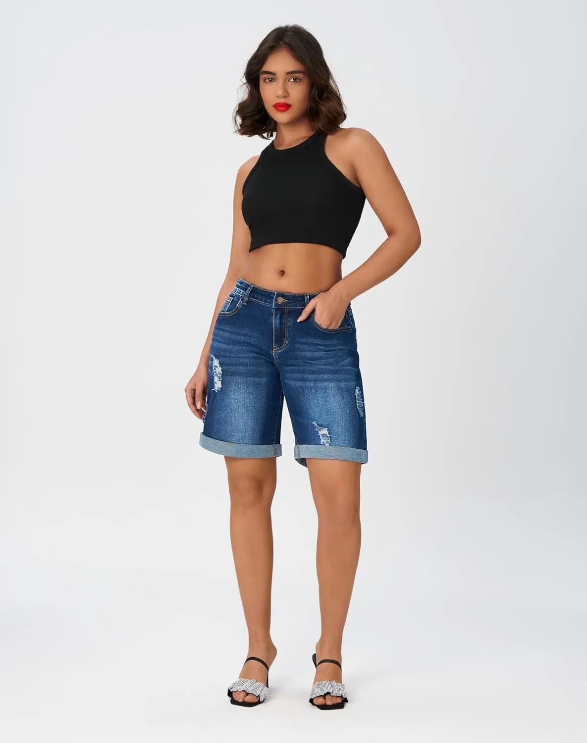 roswear Womens Wide Leg High Waisted Stretchy Ripped Cuffed Denim Jeans Shorts