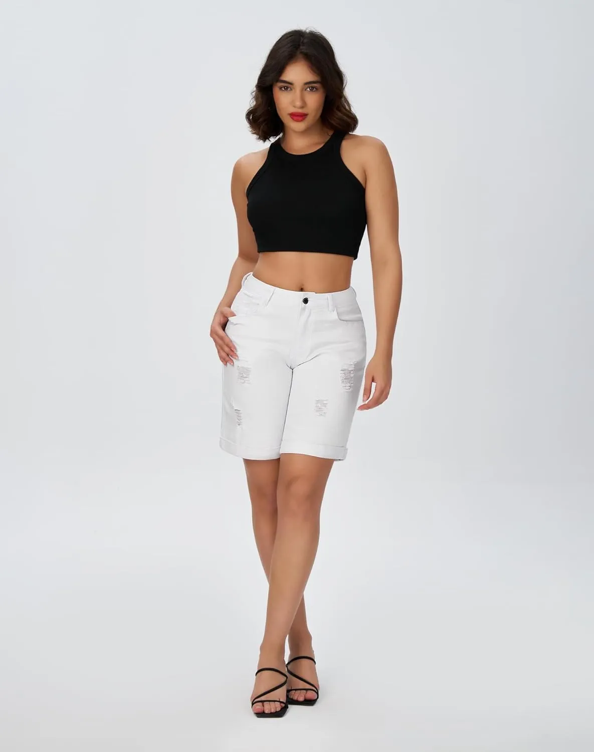 roswear Womens Wide Leg High Waisted Stretchy Ripped Cuffed Denim Jeans Shorts