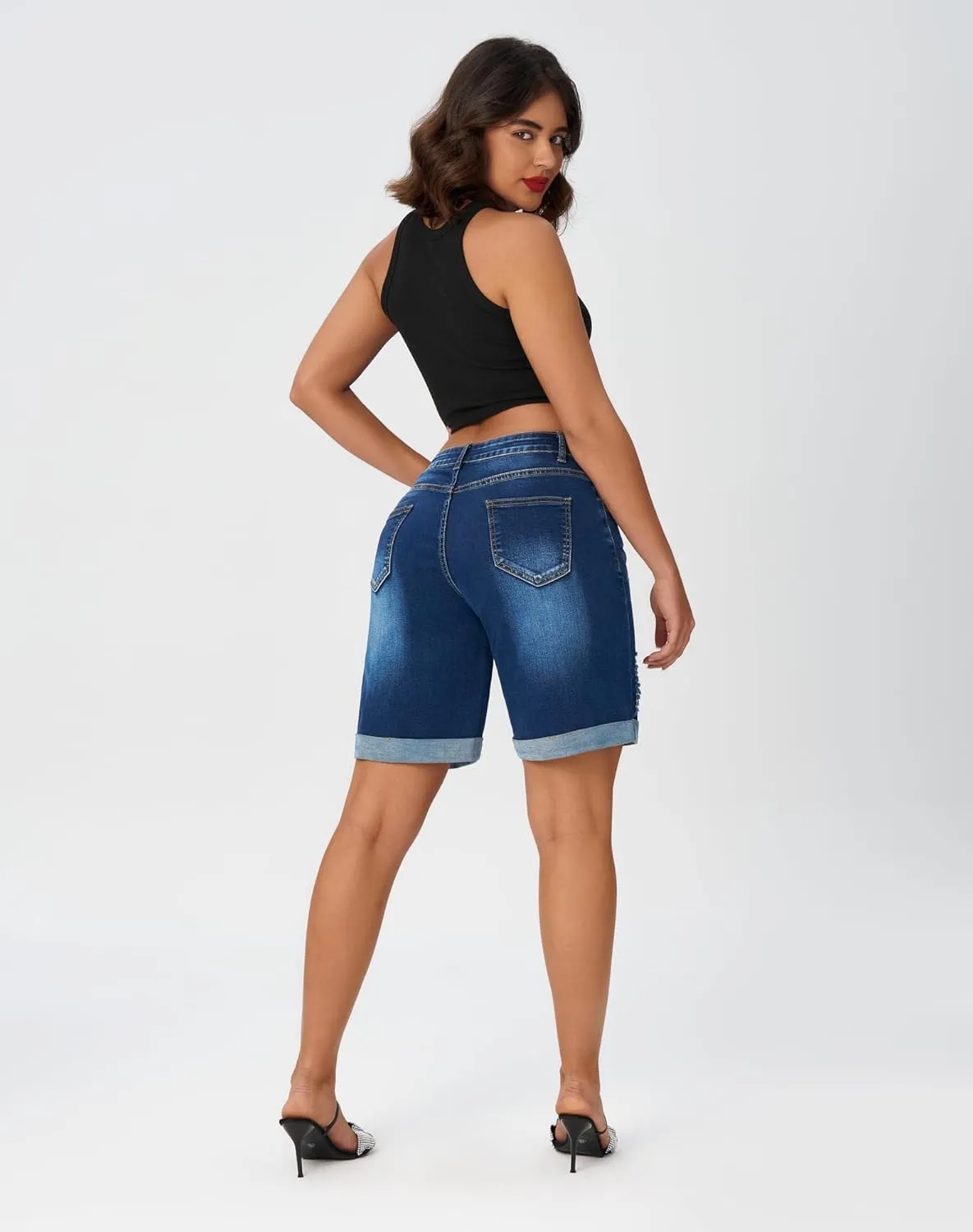 roswear Womens Wide Leg High Waisted Stretchy Ripped Cuffed Denim Jeans Shorts