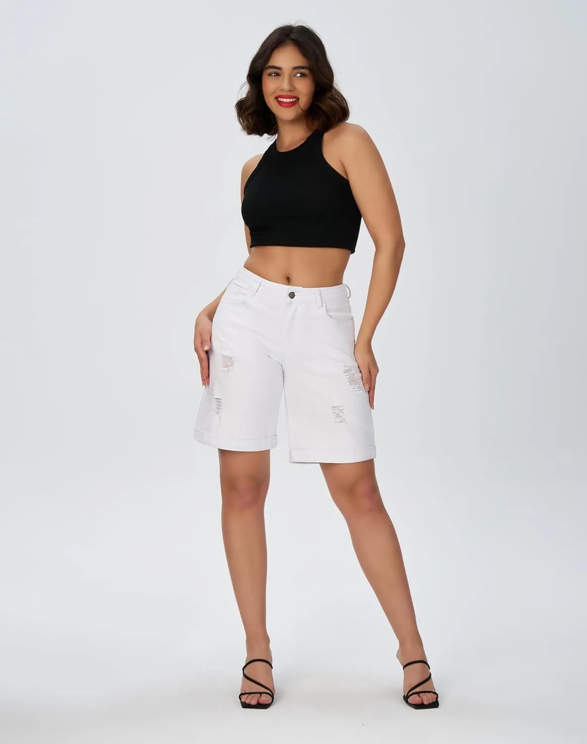 roswear Womens Wide Leg High Waisted Stretchy Ripped Cuffed Denim Jeans Shorts