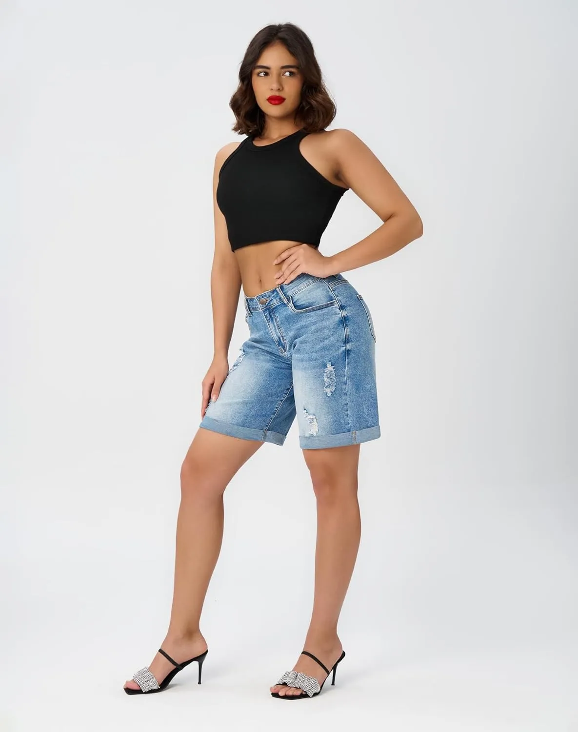roswear Womens Wide Leg High Waisted Stretchy Ripped Cuffed Denim Jeans Shorts