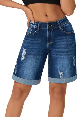roswear Womens Wide Leg High Waisted Stretchy Ripped Cuffed Denim Jeans Shorts
